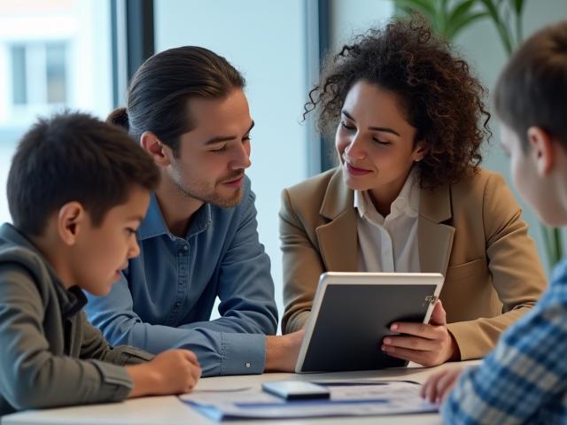 Compassionate financial advisor speaking with an immigrant family, showing empathy and guidance.